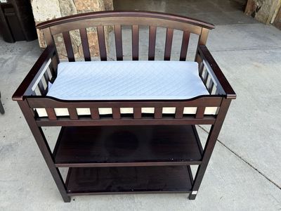 Dark Wood Baby Changing Table with Safety Rails and Storage Shelves - Graco Excellent Condition