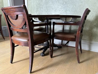 Vintage Drop-Leaf Wood Dining Table Set with 4 Upholstered Armchairs and Cast Iron Base