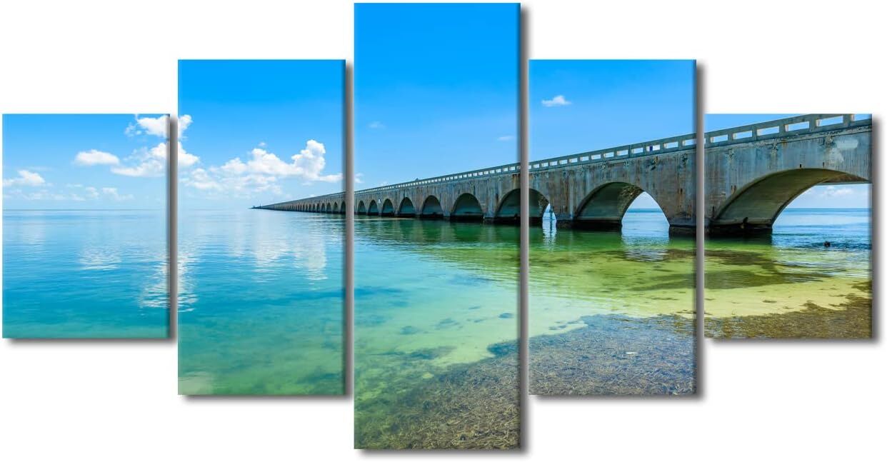 5 Pieces 7 Mile Bridge Canvas Wall Art, The Overseas Highway to Key West island (60"Wx32"H)