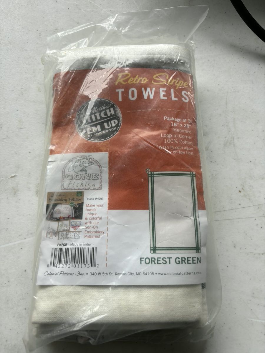 Aunt Martha's Stitch 'Em Up Retro Stripe Towels Forest Green 3 Pack 18x28