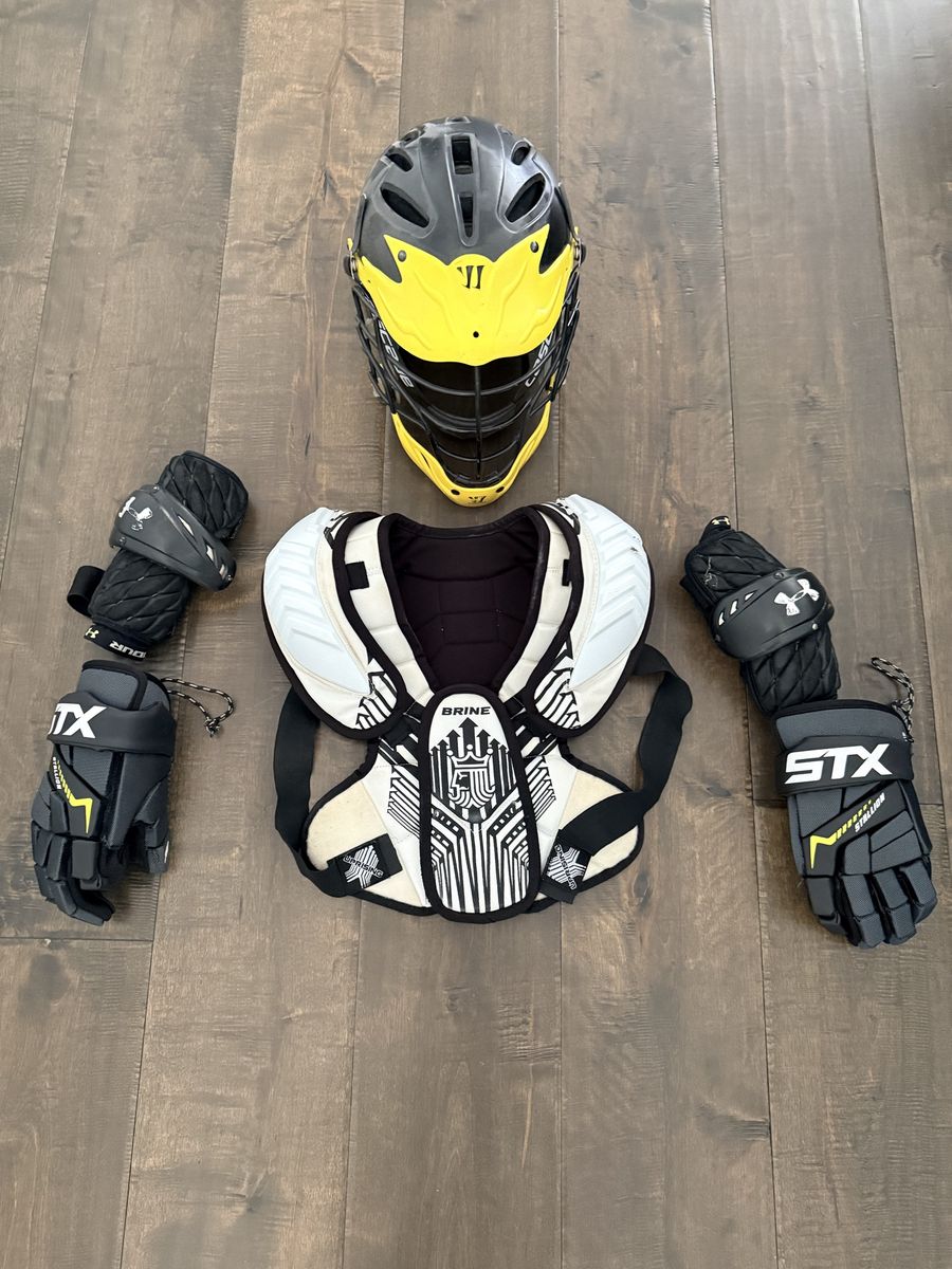 Lacrosse Gear: Helmet & Brine Chest Protector, Arm Pads, Gloves - Size Small