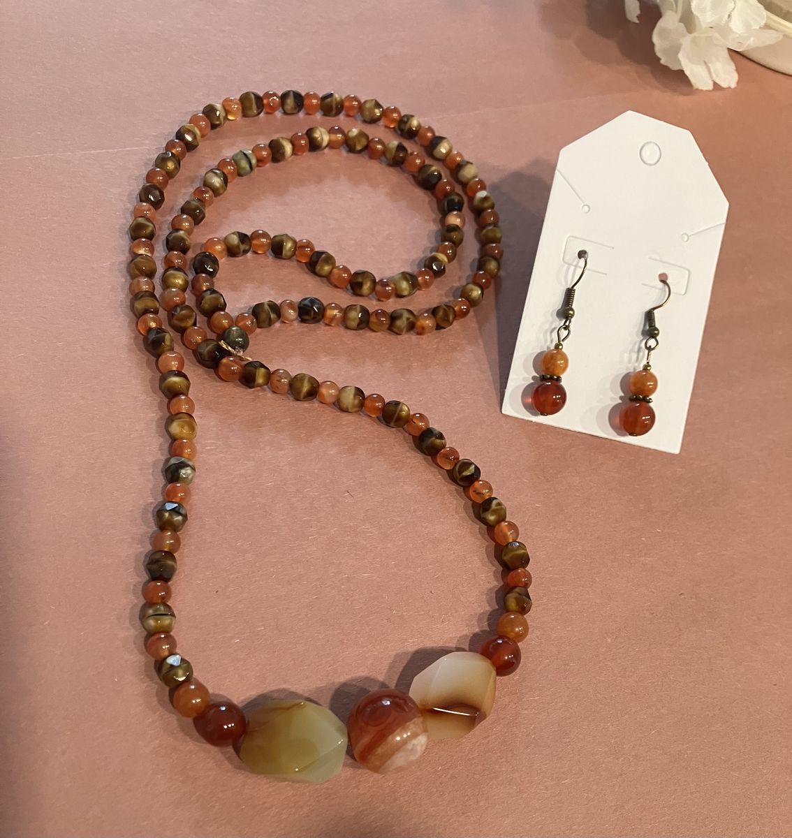 Beaded Carnelian & Tiger Eye Gemstone Necklace and Earrings