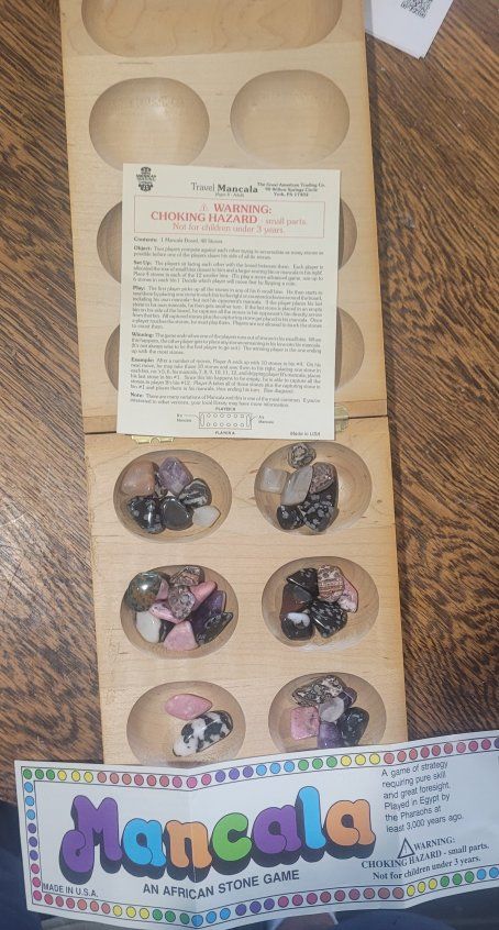 Travel Mancala Wooden Board Game w/ Gemstone Playing Pieces - African Stone Game.