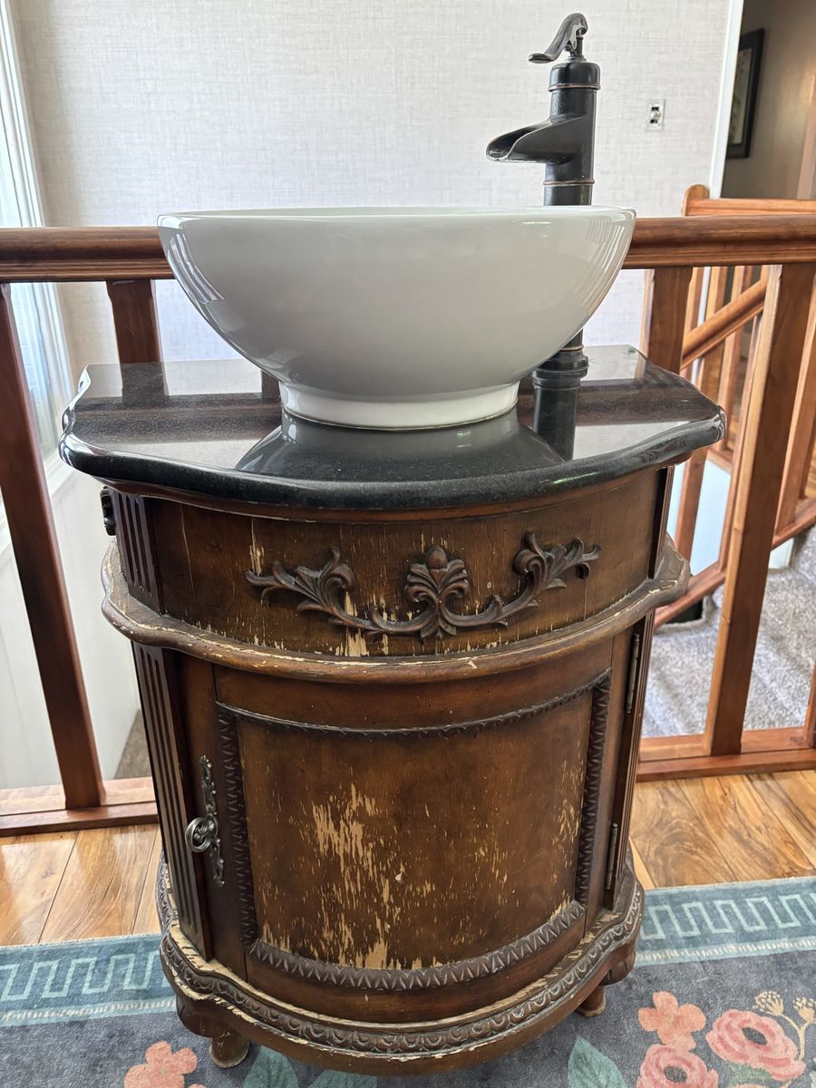 Ornate Bathroom Vanity with Vessel Sink, Black Granite Top, and Bronze Faucet - Distressed Wood