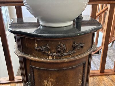 Ornate Bathroom Vanity with Vessel Sink, Black Granite Top, and Bronze Faucet - Distressed Wood