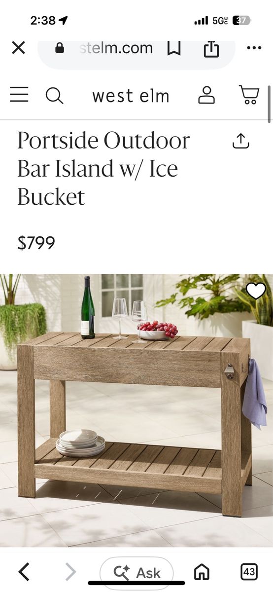 West Elm Portside Outdoor Bar Island with Ice Bucket & Bottle Opener - 3'9" L x 18" W x 30" H