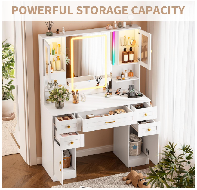 White Vanity Desk - Mirror & Lights Women/Girls Makeup Vanity, 3 Colors Light & Power Outlet,5 Drawers & 4 Storage Cabinets 