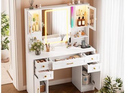 White Vanity Desk - Mirror & Lights Women/Girls Makeup Vanity, 3 Colors Light & Power Outlet,5 Drawers & 4 Storage Cabinets