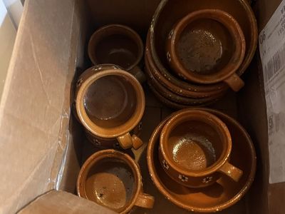 Mexican Barro Pottery (6)Mug and (6)Bowl Set with Hand-Painted Flower Details