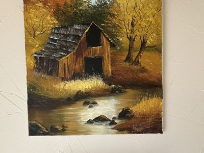 Original Oil Painting on Canvas – Autumn Barn Landscape (20”)