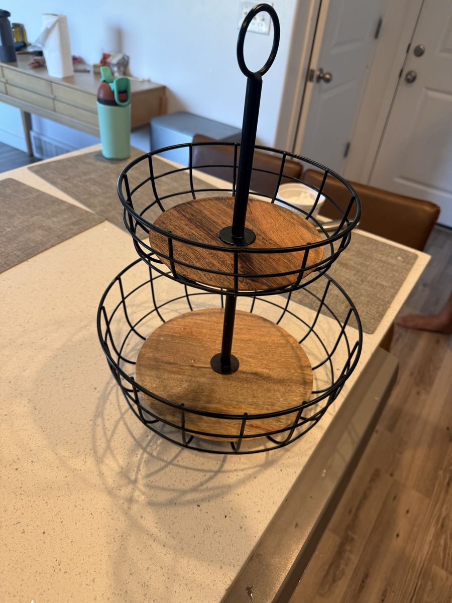 2-Tier Black Wire and Wood Fruit Basket Stand