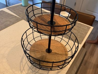 2-Tier Black Wire and Wood Fruit Basket Stand