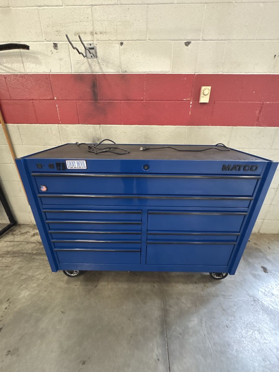 Blue MATCO 4s two bay tool box with power drawer