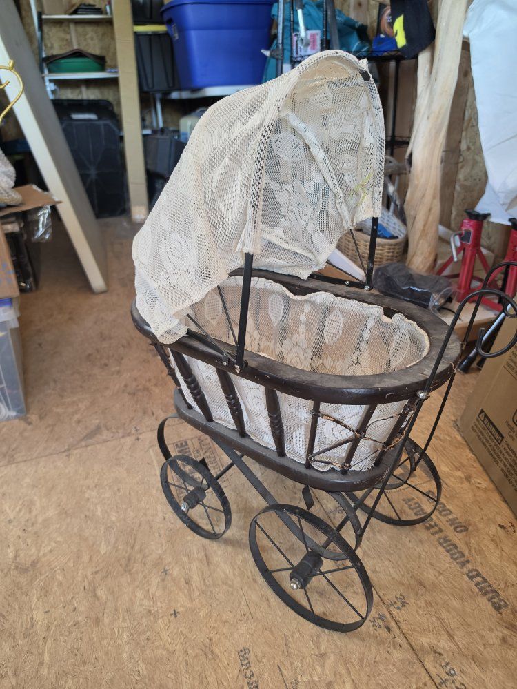 Vintage Wooden Baby Doll Stroller Pram with Lace Canopy and Metal Wheels - Rustic Decor