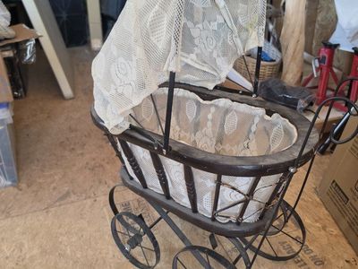 Vintage Wooden Baby Doll Stroller Pram with Lace Canopy and Metal Wheels - Rustic Decor