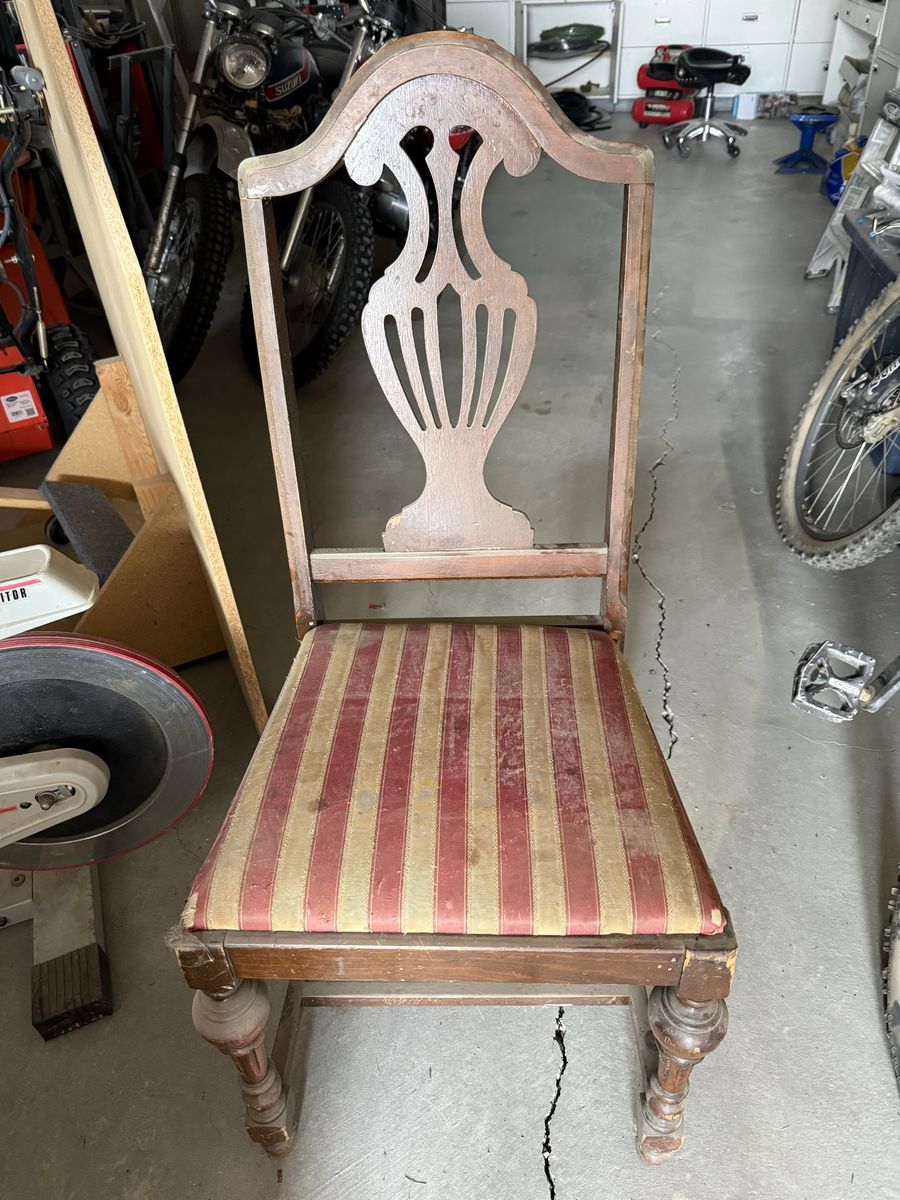 Vintage Carved Wood Dining Chair with Striped Upholstery - Needs Refinishing