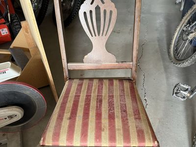 Vintage Carved Wood Dining Chair with Striped Upholstery - Needs Refinishing