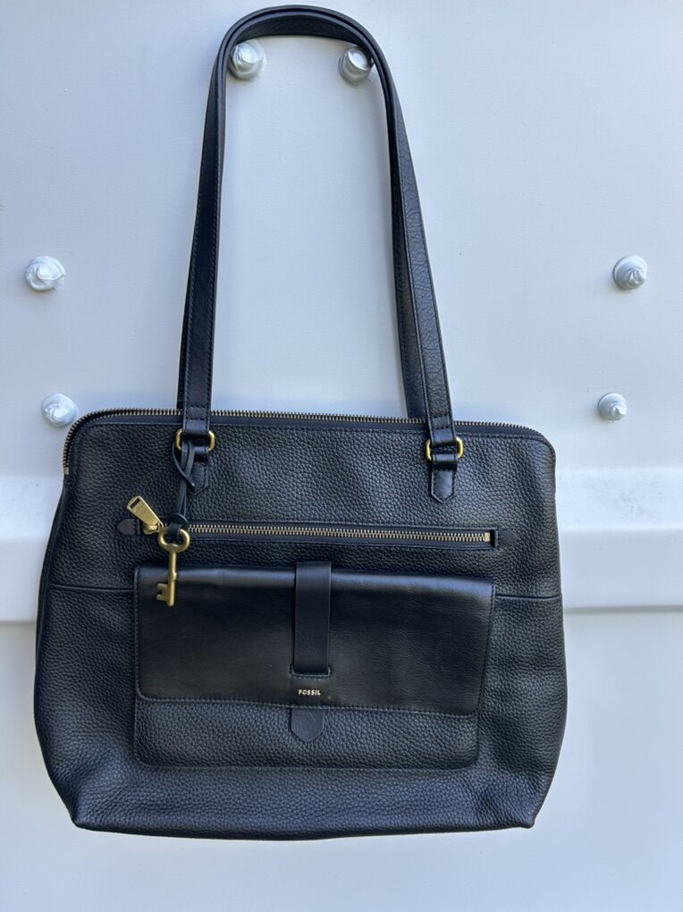 Fossil Kinley Black Thick Leather Tote Handbag