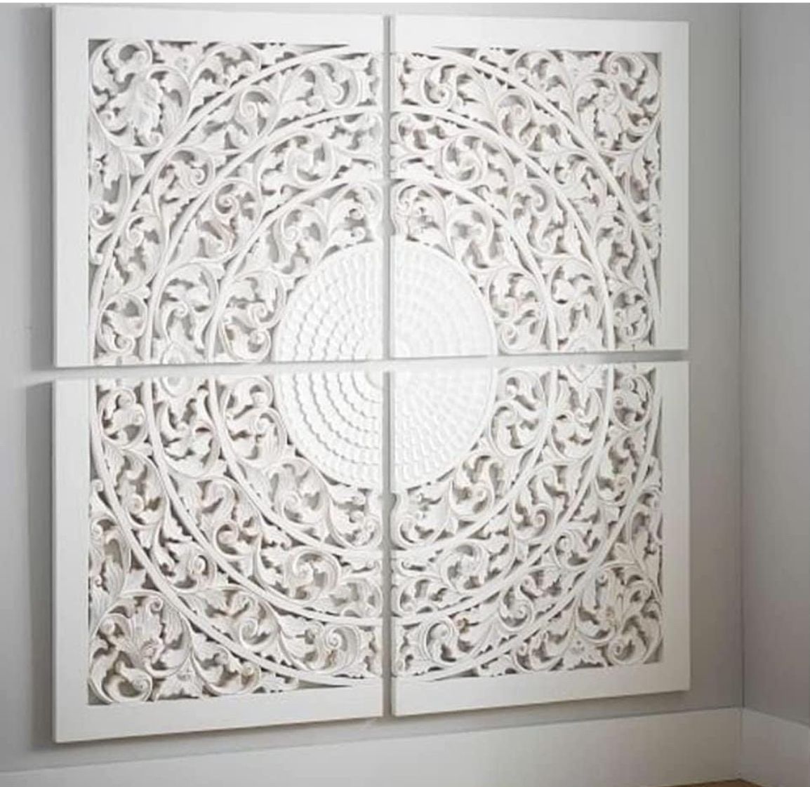 Large 4-Panel White Carved Wood Wall Art Medallion Set - Boho/Farmhouse Decor 64”x64”