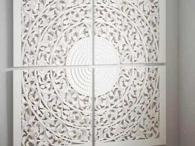 Large 4-Panel White Carved Wood Wall Art Medallion Set - Boho/Farmhouse Decor 64”x64”
