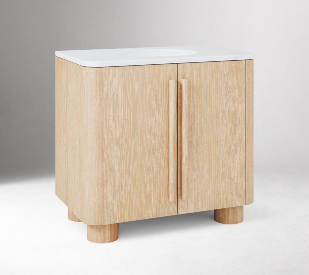 Modern Light Wood Bathroom Vanity with White Integrated Sink and Round Feet