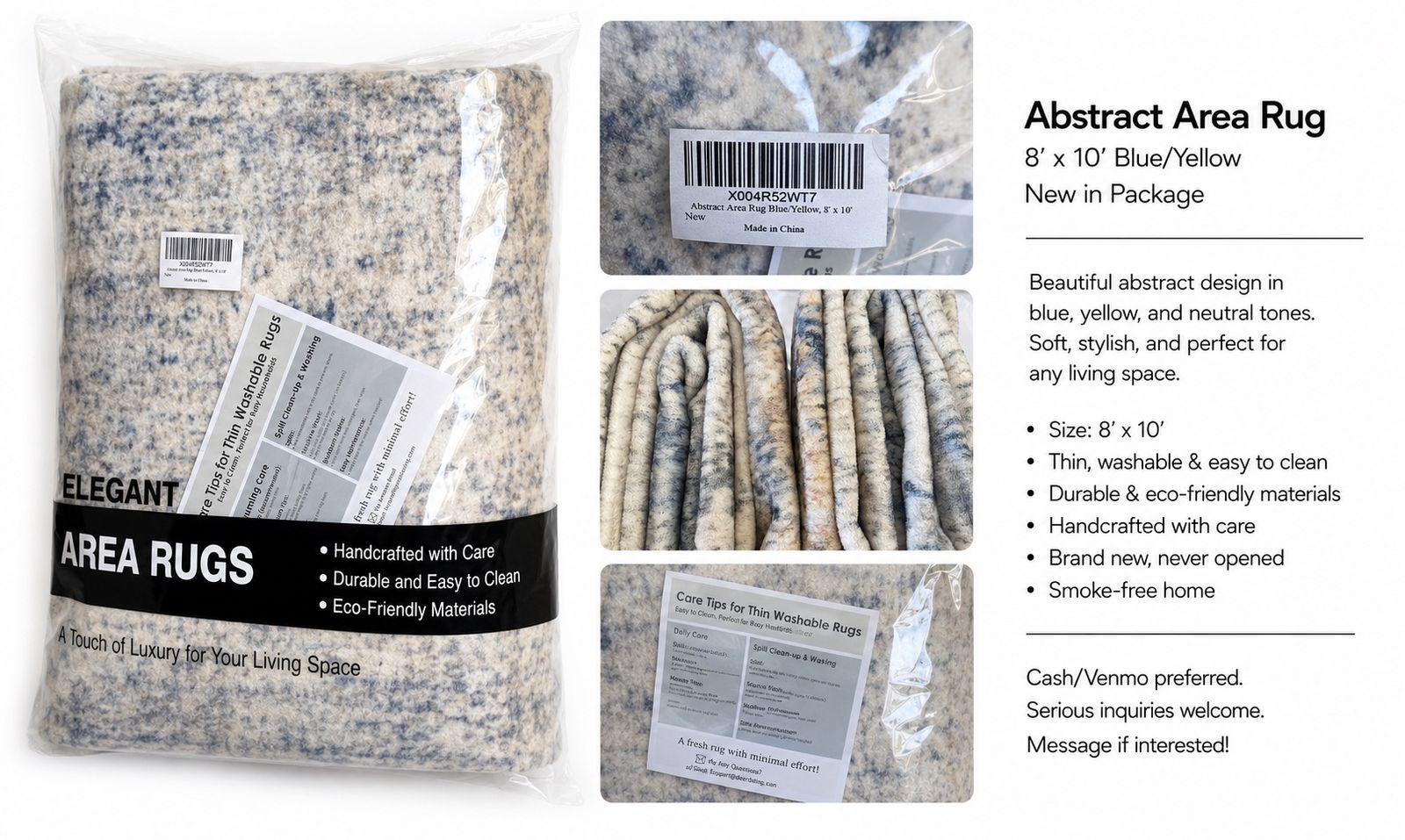 New 8’ x 10’ Blue/Yellow Abstract Area Rug – New in Package