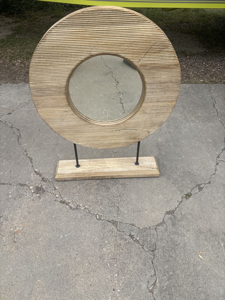 Unique Wood & Metal Decorative Mirror on Stand - Round, Ribbed Design