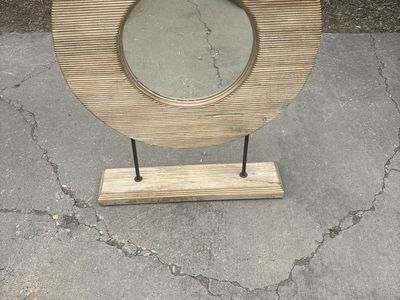 Unique Wood & Metal Decorative Mirror on Stand - Round, Ribbed Design