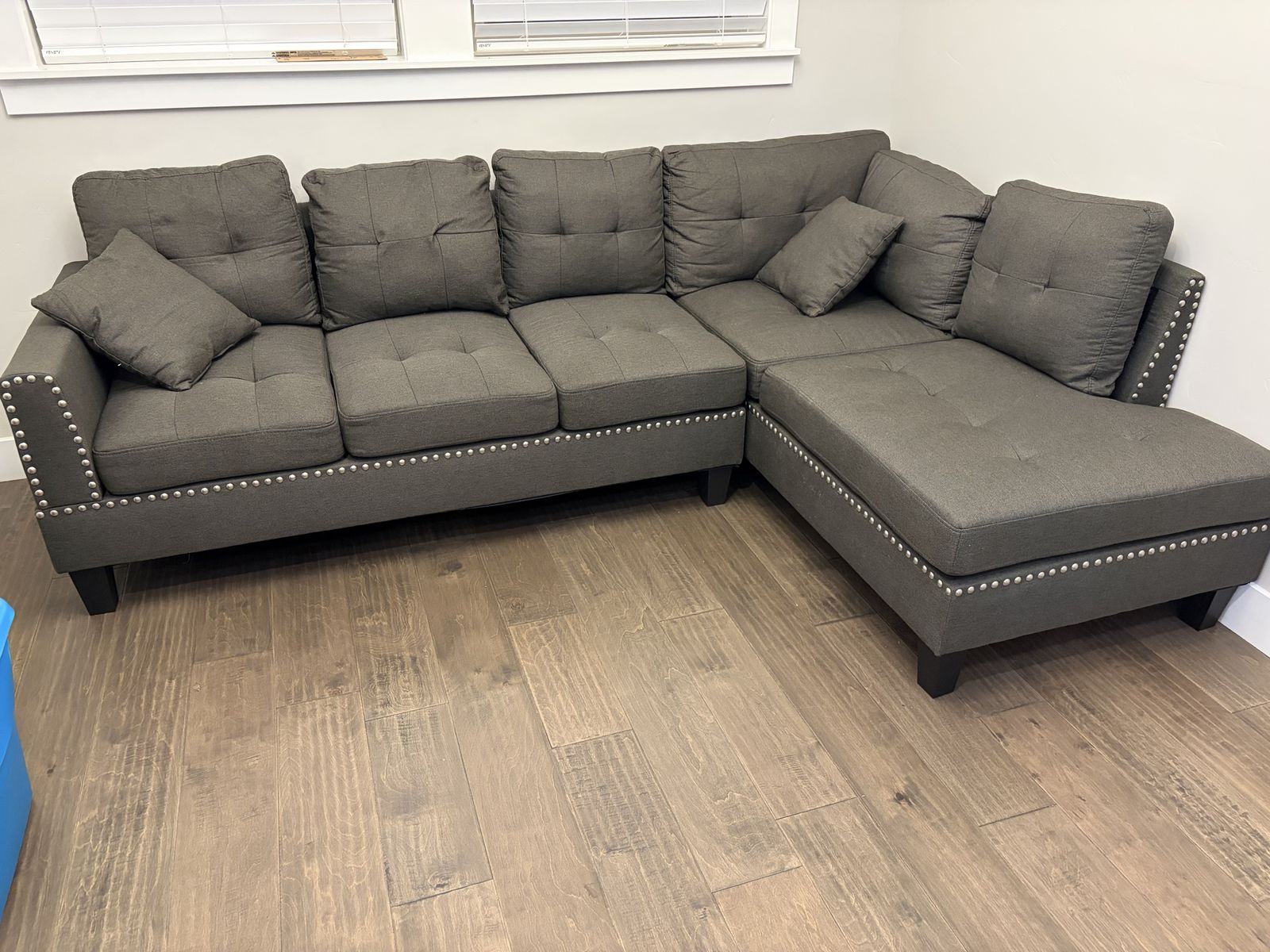Dark coffee-brown linen fabric 2 piece tufted sectional