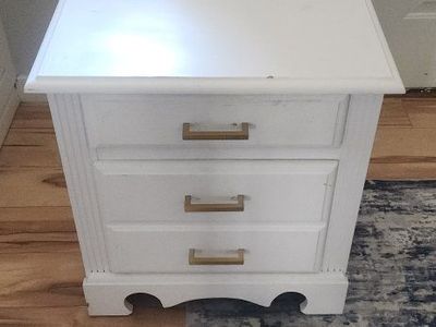 White Wood Nightstand with 3 Drawers and Brass Pulls - Bedside or End Table