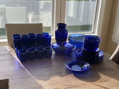 Vintage Cobalt Blue Glassware Dinnerware Set - Plates, Bowls, Tumblers, Vase, Serving Dishes