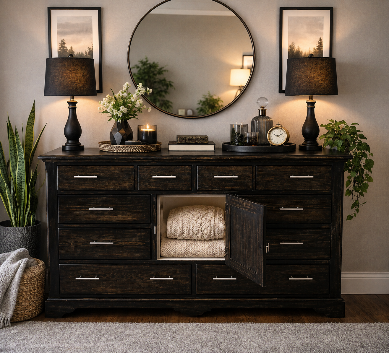 BLACK SOLID WOOD DRESSER | 8 DRAWERS + CENTER CABINET