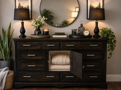 BLACK SOLID WOOD DRESSER | 8 DRAWERS + CENTER CABINET