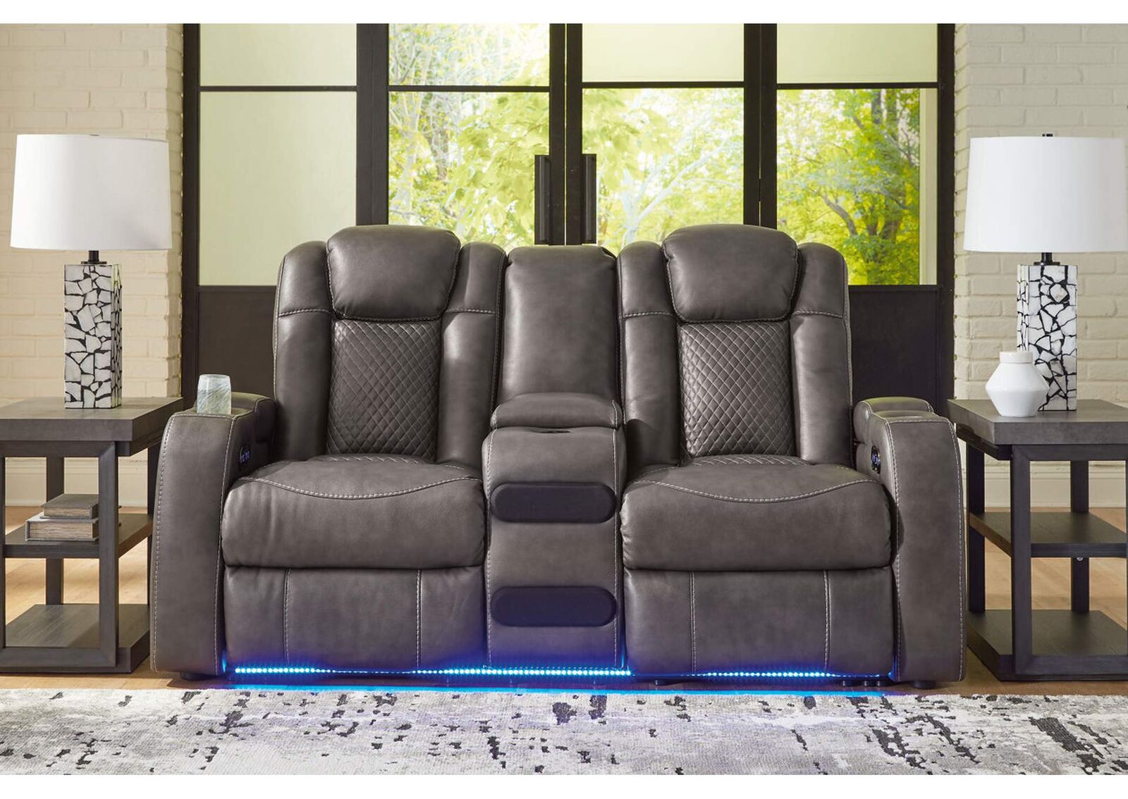 New Fyne-Dyme Leather Power Reclining Loveseat w/ Console and Bluetooth Speakers - Living Room Furniture - Action Home Furniture