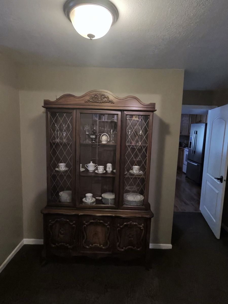 Vintage Dark Wood China Cabinet/Hutch - Glass Doors, Intricate Carvings, 2-Piece