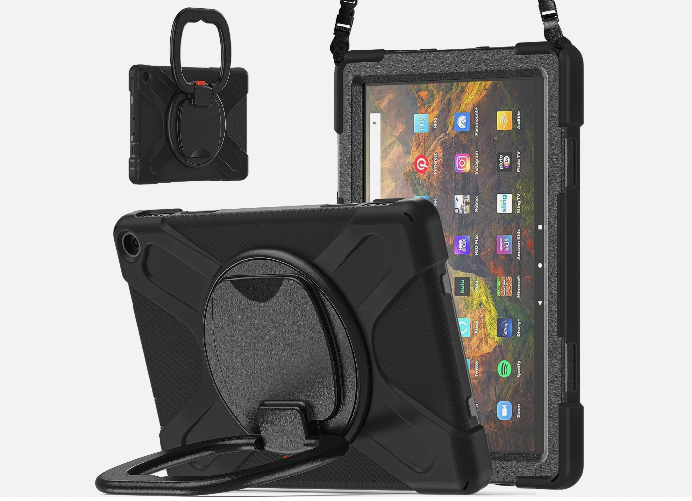 Fire HD 10 2023 Rugged Case 360° Rotating Stand Hand Strap Shoulder Strap Black