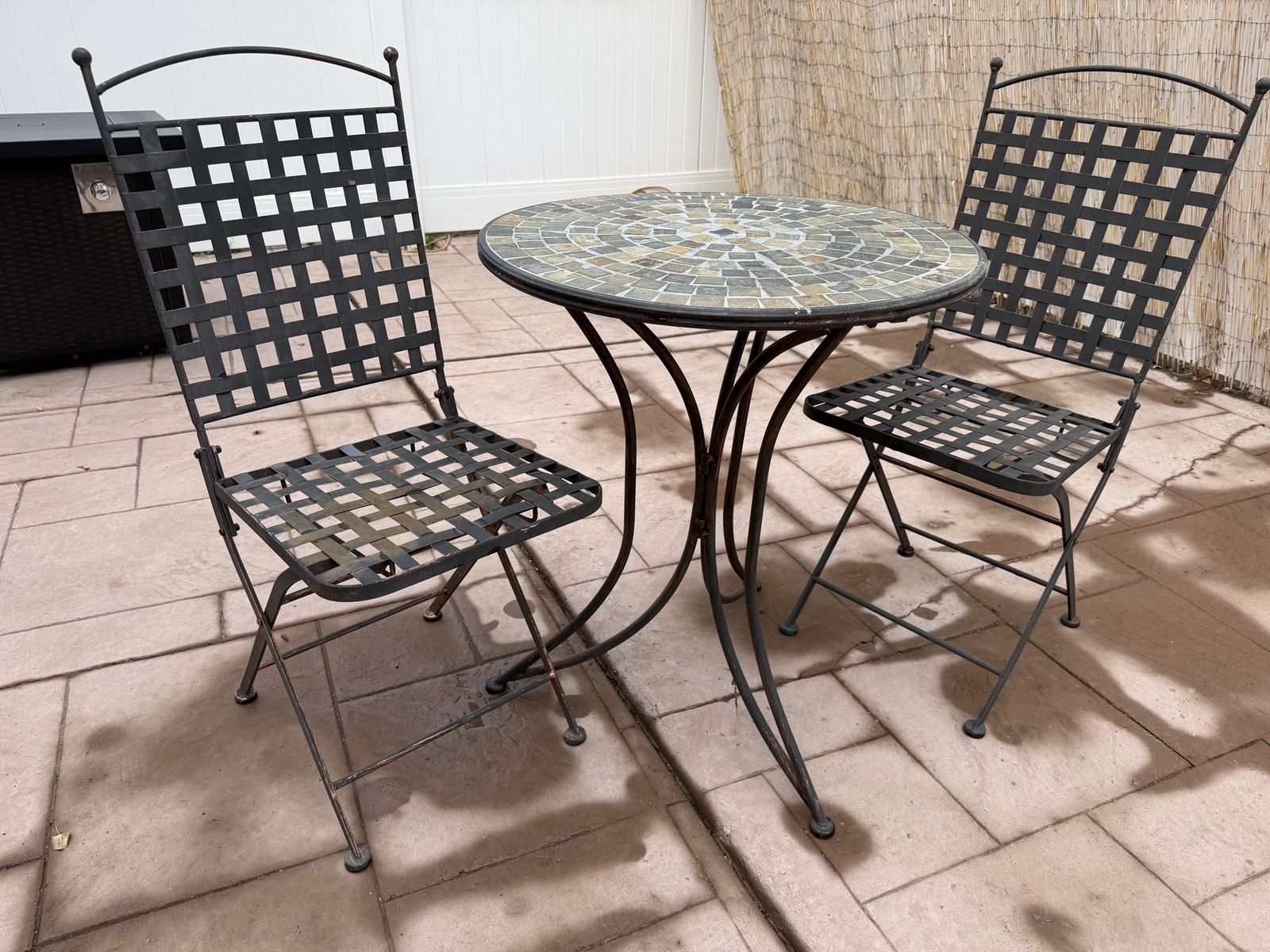 Wrought Iron Patio Bistro Set with Round Mosaic Stone Top and Two Folding Chairs