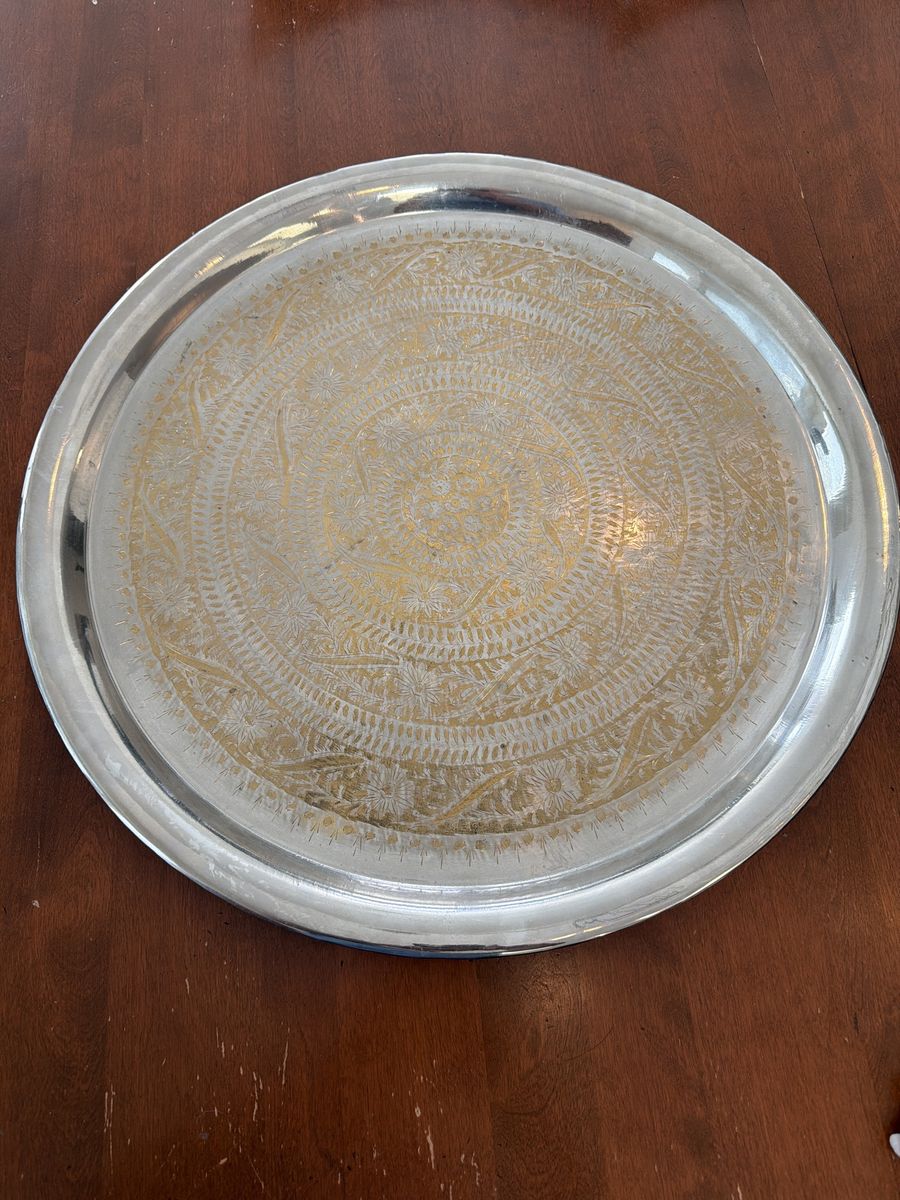 Pottery Barn Silver Plated Round Serving Tray – Engraved Pattern