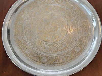 Pottery Barn Silver Plated Round Serving Tray – Engraved Pattern
