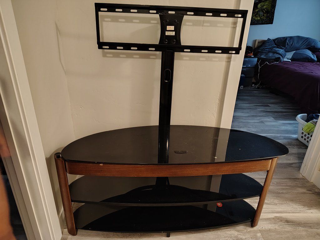 TV Stand with Mount - Black Glass & Wood, Multi-Tier Storage