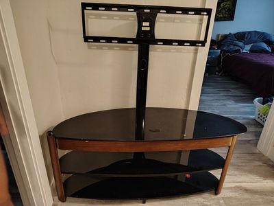 TV Stand with Mount - Black Glass & Wood, Multi-Tier Storage
