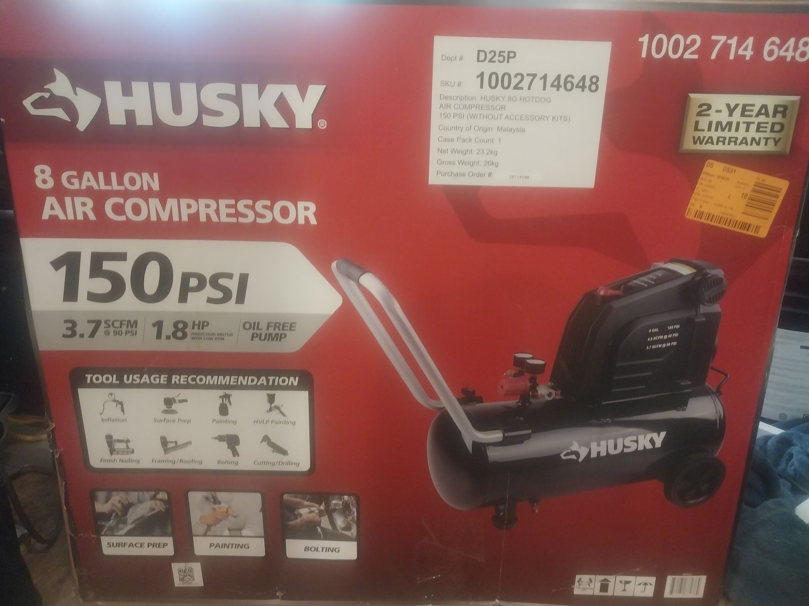 8 Gal. 150 PSI Portable Electric Oil-Free Horizontal Hotdog Air Compressor with Rubber Wheels