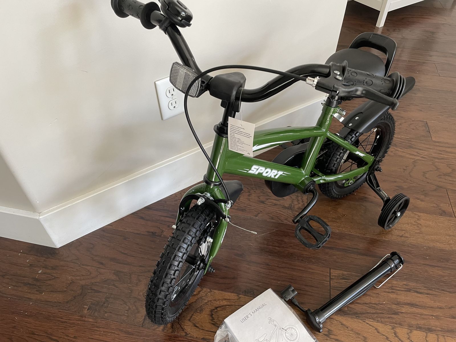 New 12 in Kid Bike Green  with Training Wheels Sturdy Frame Adjustable Seat