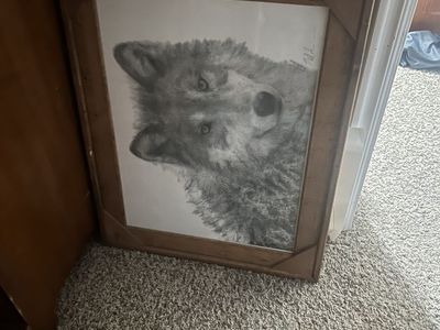 Framed Wolf Charcoal Drawing Wall Art - Unique Home Decor