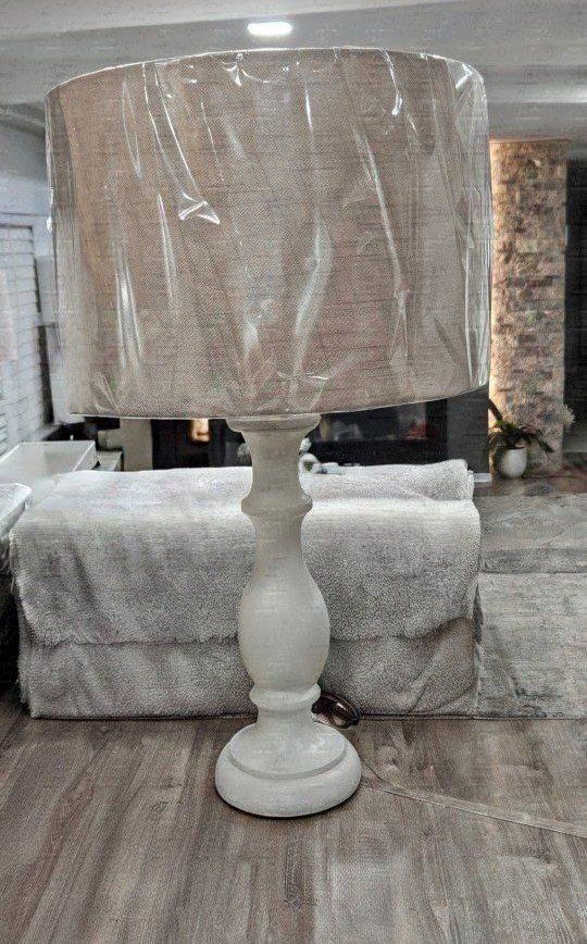 Distressed White Wooden Table Lamp with Fabric Shade