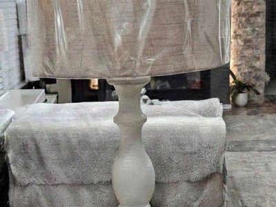 Distressed White Wooden Table Lamp with Fabric Shade