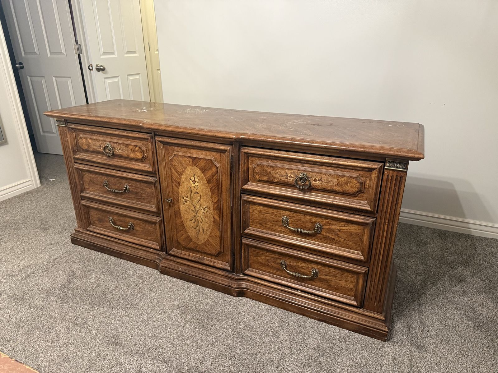Large Vintage Wooden Dresser with Floral Inlay and Cabinet