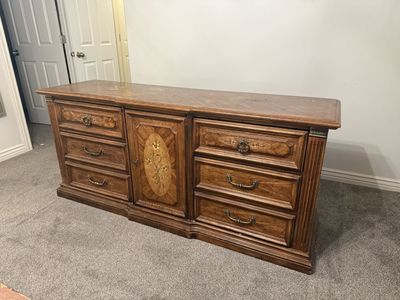 Large Vintage Wooden Dresser with Floral Inlay and Cabinet