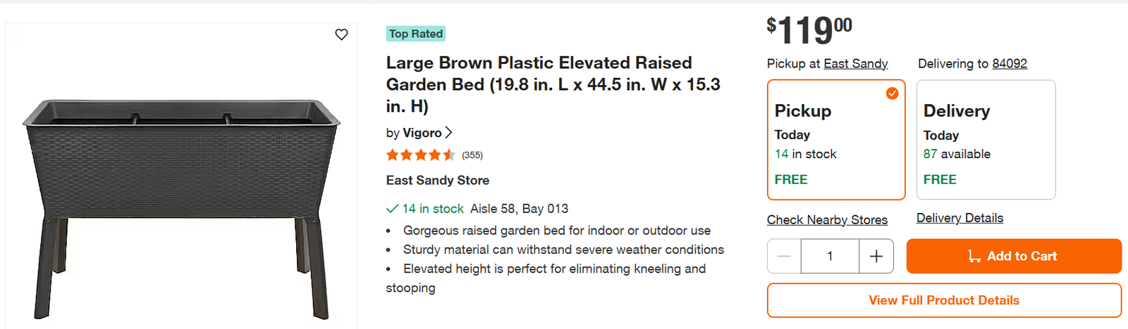 Large Brown Plastic Elevated Raised Garden Bed (19.8 in. L x 44.5 in. W x 15.3 in. H)