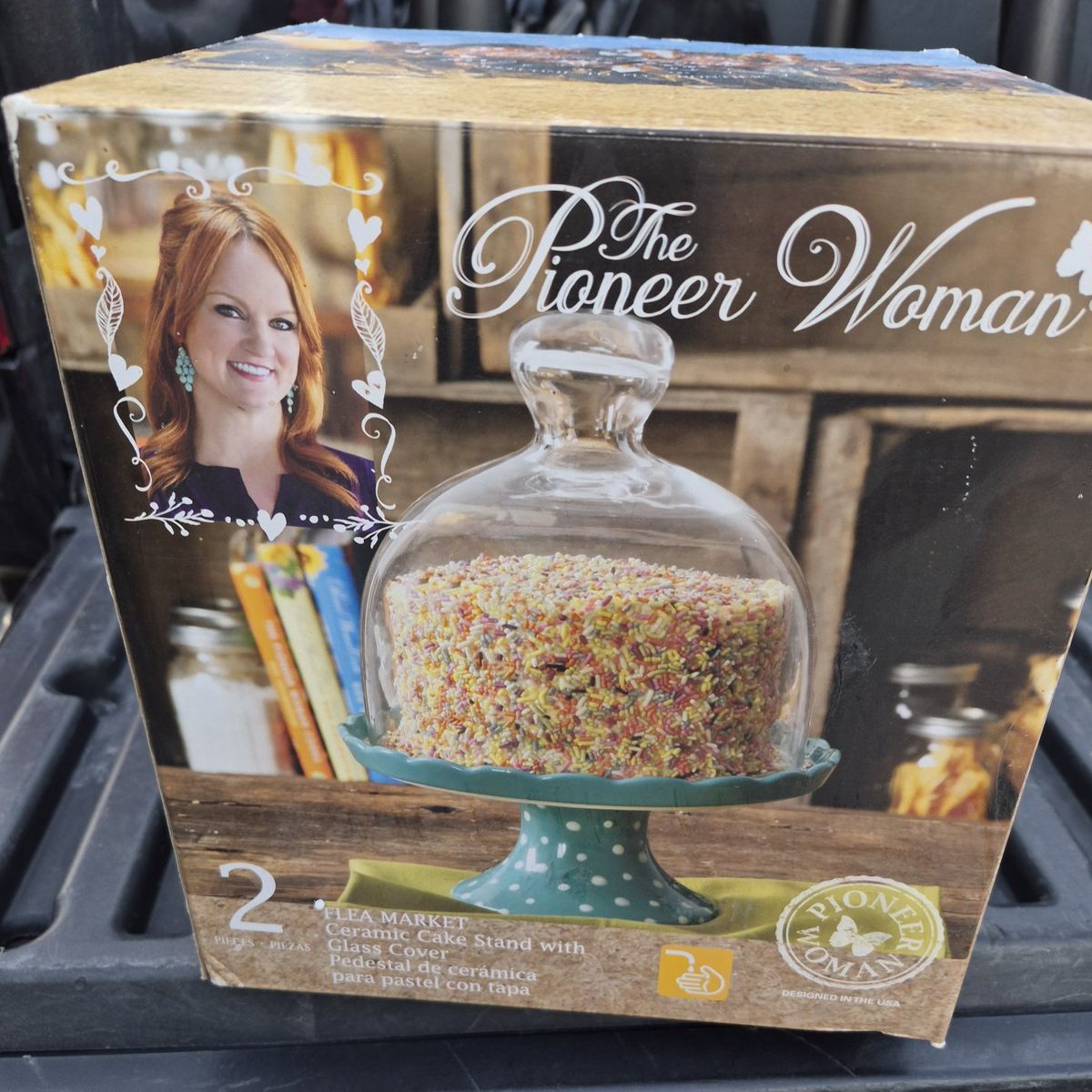 the pioneer women  flea market ceramic cake stand with glass cover